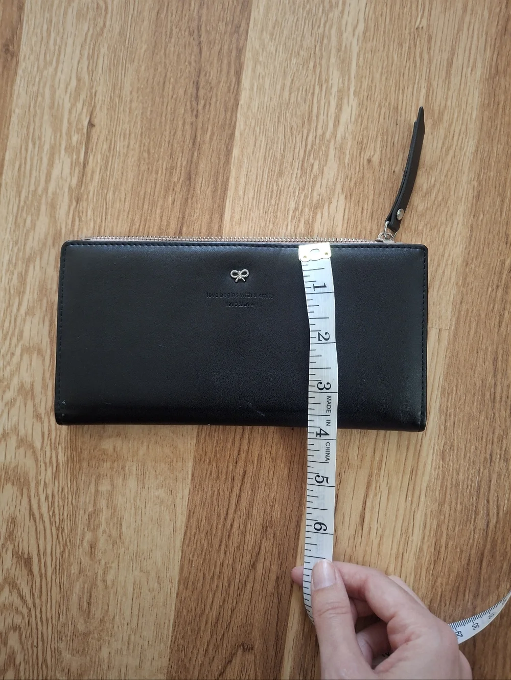 Miniso Black Zip Wallet with Tiny Bow Detail And Cute Saying Vegan Leather